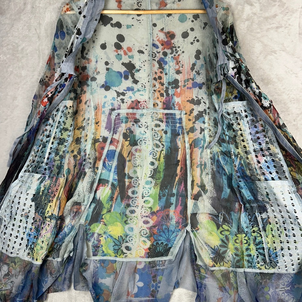 Fleur De Lis Colorful Watercolor Inspired Zip Front Sheer Tunic Top Size Small - Picture 3 of 9